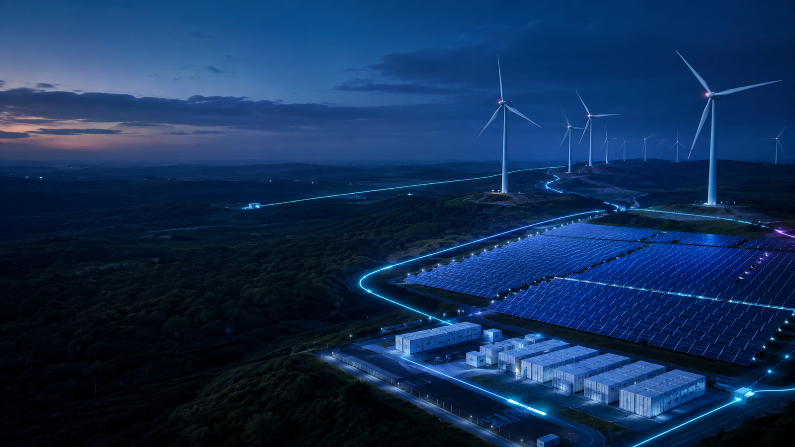 Parque eólico, fazenda solar e sistema de baterias conectados por uma rede digital
